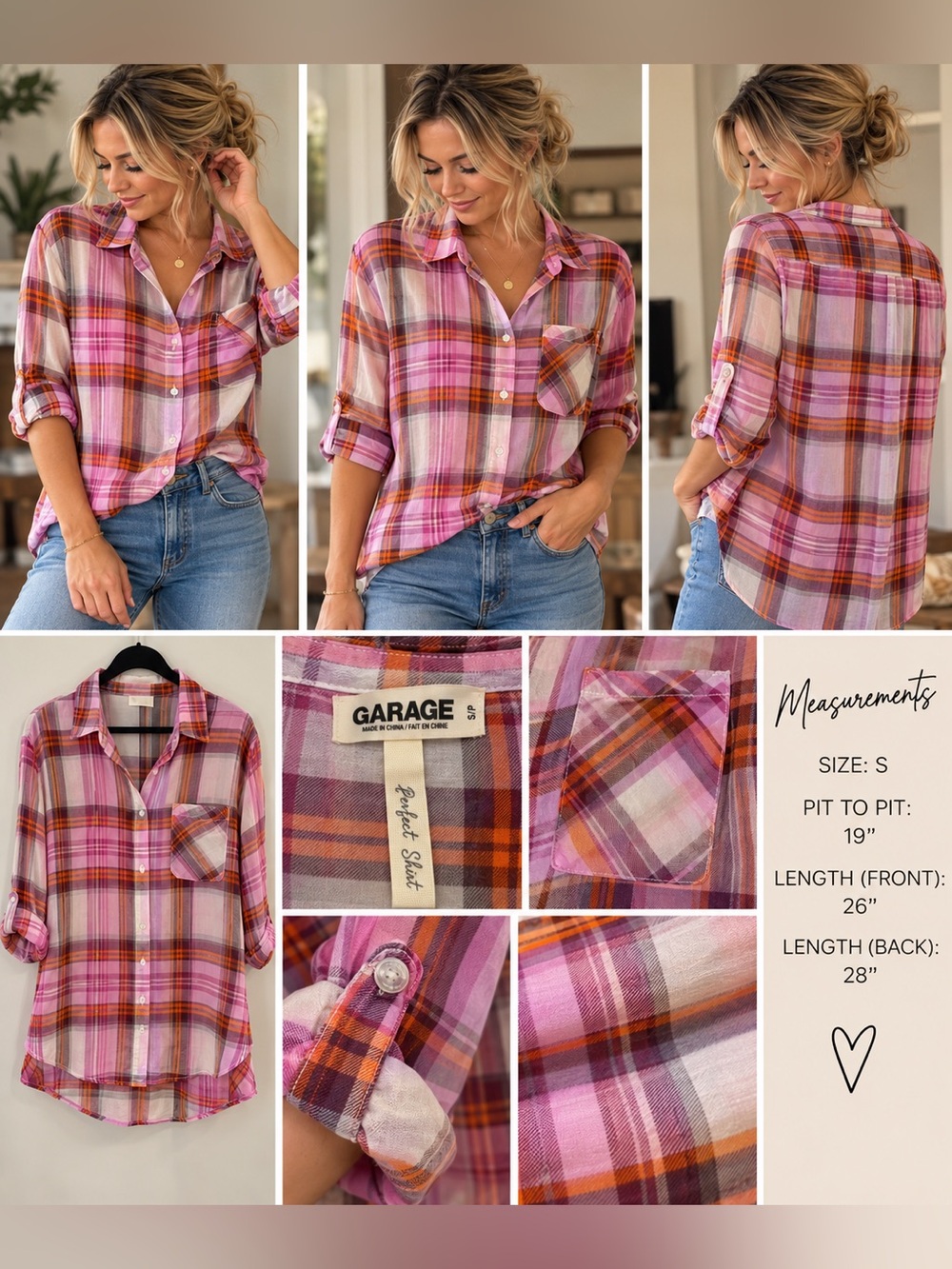 Garage Pink Orange Plaid Sheer Button Down Blouse Shirt Size S